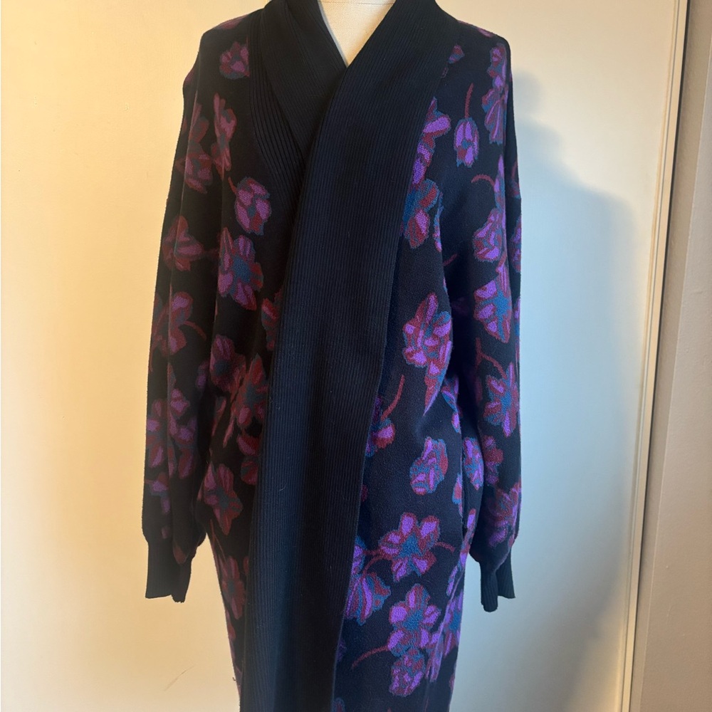 Modcloth Black Purple Floral Flower Cardigan Cotton Knit Sweater Long Duster L